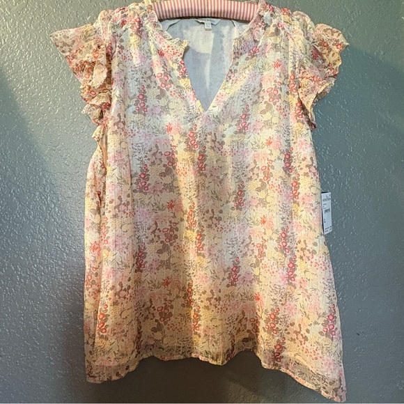 Lucky Brand Tops - NWT Lucky Brand Floral V-Neck Short Sleeve Blouse Pink Cream Size Large